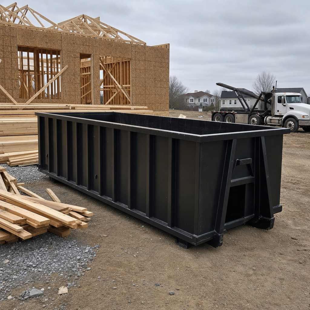 Matte-black 40-yard roll-off dumpster staged on a framed-out residential construction site in Westchester, framing lumber stacked nearby, hooklift delivery truck visible in the background under bright Colorado daylight