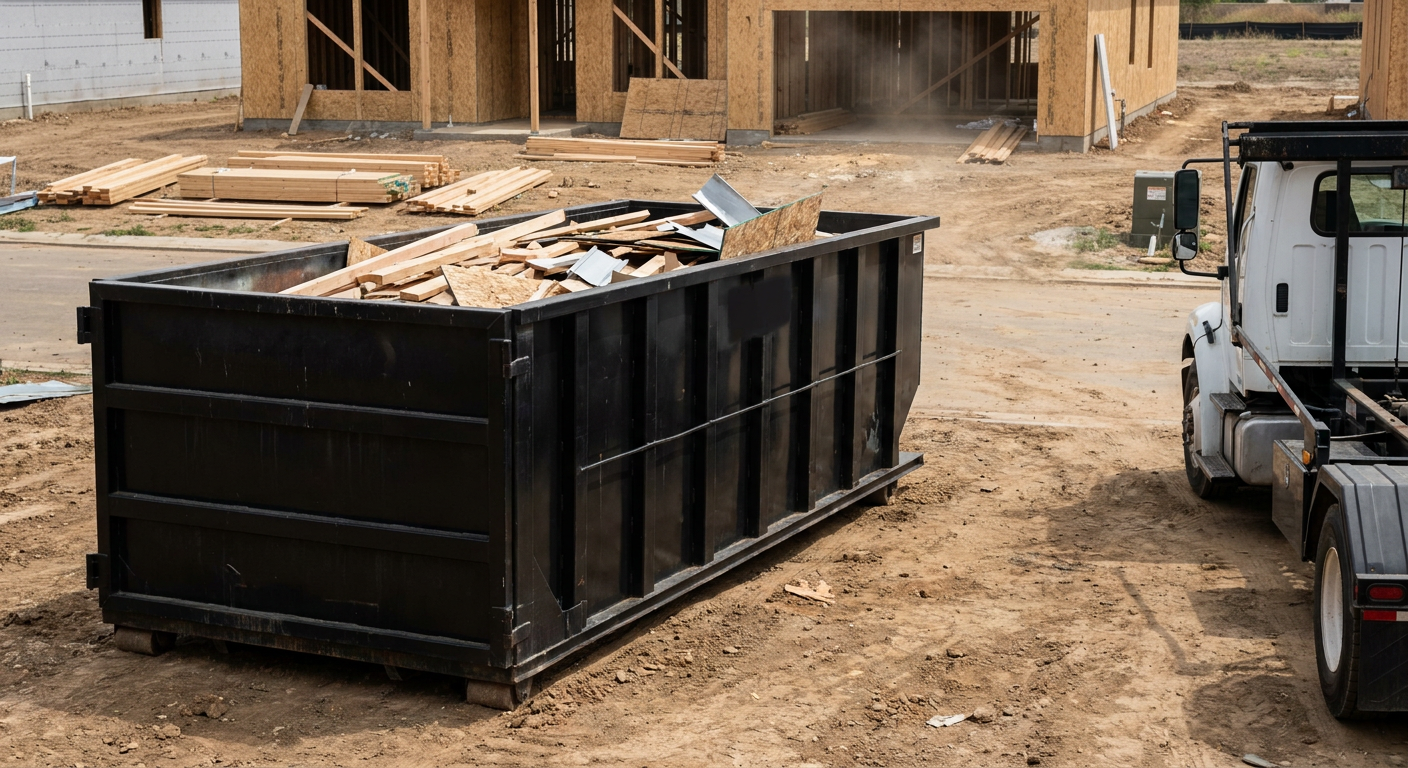 Matte-black 20-yard roll-off construction dumpster with heavy ribbed steel sidewalls and swing rear doors at a working jobsite in Westchester, sitting directly on compacted dirt with an unmarked white hauler partially visible at the far edge of the frame.