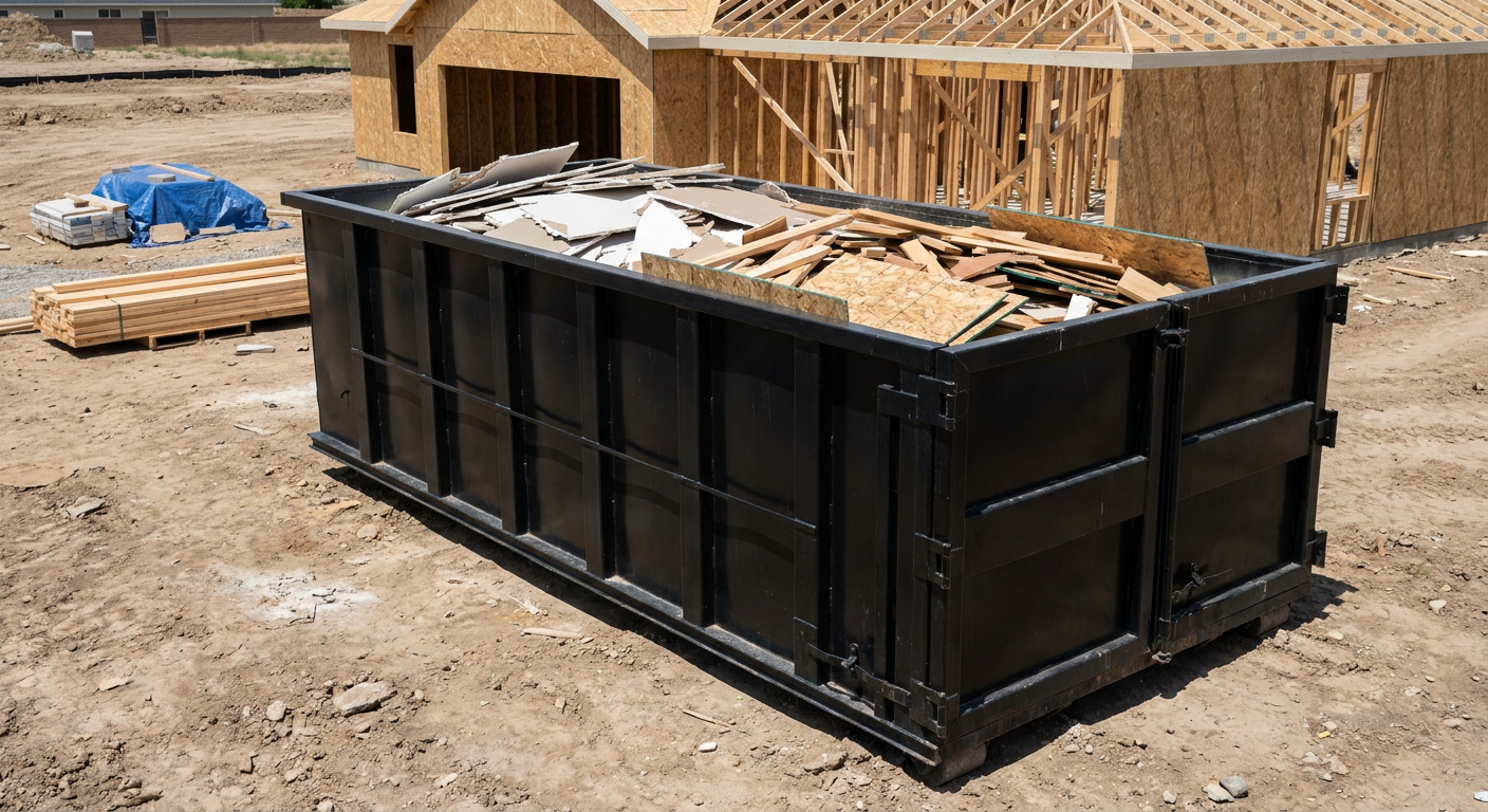 Matte-black 30-yard roll-off construction dumpster sitting directly on the compacted-dirt site of a framed single-family home build in Westchester, drywall and lumber scrap loaded inside.