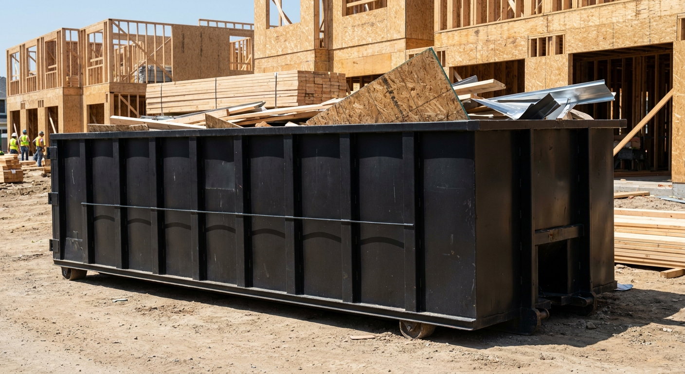 Matte-black 40-yard roll-off construction dumpster being lowered from a white-cab hooklift delivery truck onto the compacted-dirt jobsite at a commercial build site in Westchester