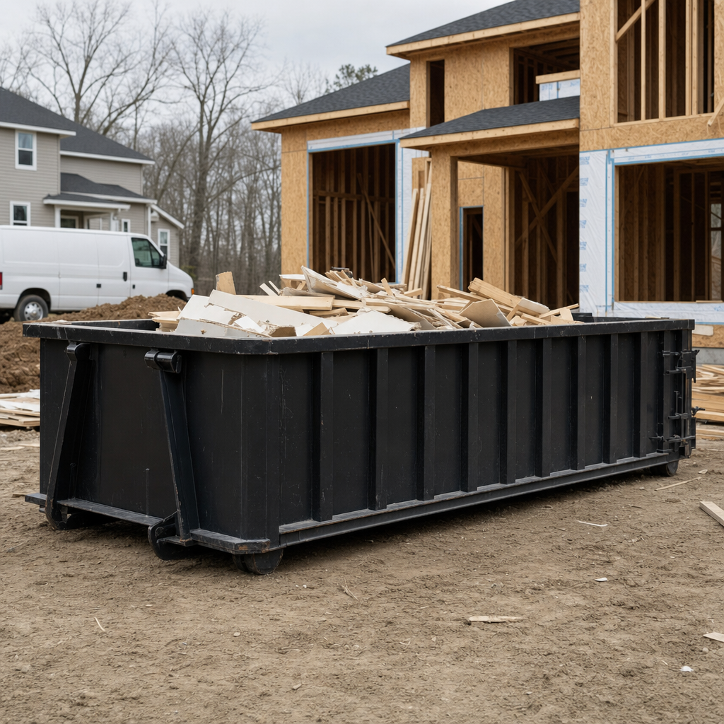 Worker in a yellow high-visibility vest tossing framing lumber and broken drywall into a matte-black 30-yard construction roll-off dumpster on an active build site in Westchester, bright daylight