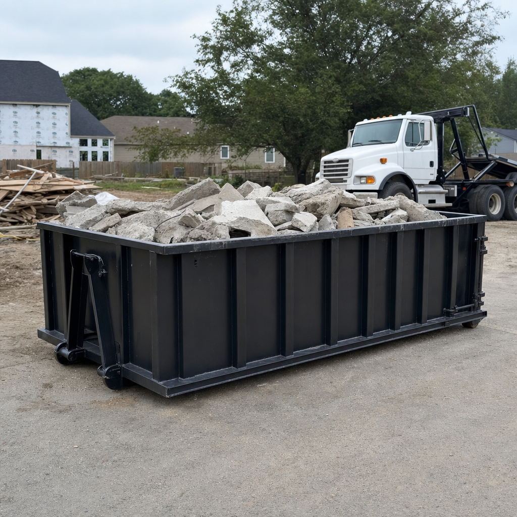 Low-profile matte-black lowboy roll-off dumpster loaded with broken concrete slab and rebar at a foundation tear-out in Westchester, skid steer parked beside it, sunny Colorado morning