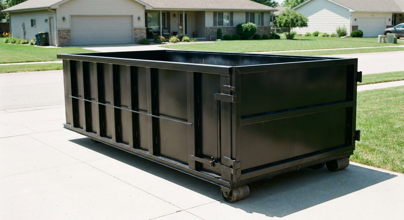 Matte-black 10-yard roll-off dumpster on a residential concrete driveway in Westchester, uniformly painted matte black across every panel and rail, ribbed steel sidewalls and rear swing door visible, mid-day daylight.