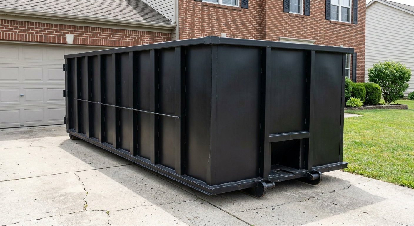 Matte-black 20-yard roll-off container on a Westchester residential concrete driveway with reinforced ribbed steel sidewalls and a hinged rear walk-in door, clean bright daylight.