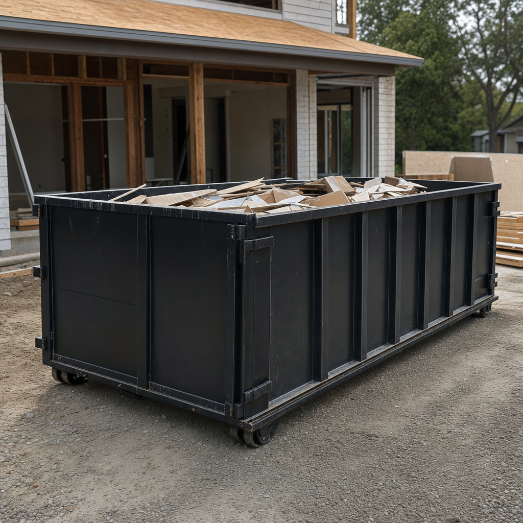 Large matte-black 30-yard construction roll-off dumpster at an active Westchester jobsite, steel-gray top rails and bottom rollers visible, loaded with construction debris.