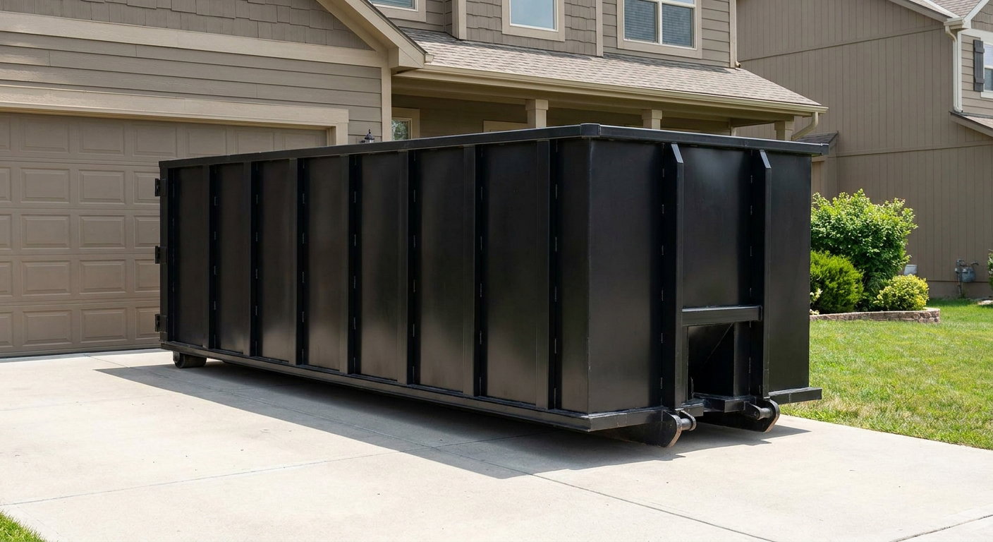 Matte-black residential roll-off dumpster sitting directly on a suburban Westchester concrete driveway, garage door closed, single-family home in background, bright morning daylight.