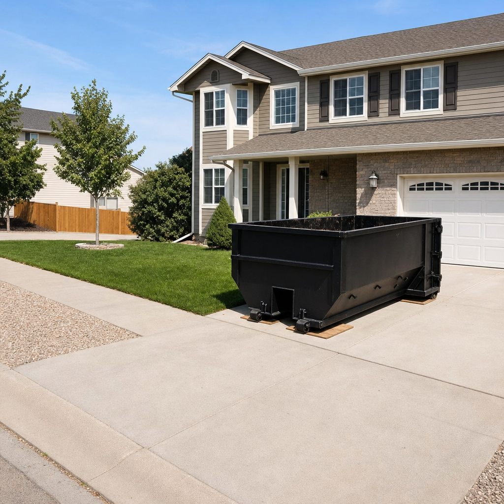 10-yard matte-black residential dumpster placed directly on a narrow Westchester concrete driveway, room remains for a parked sedan beside it, mid-morning natural light