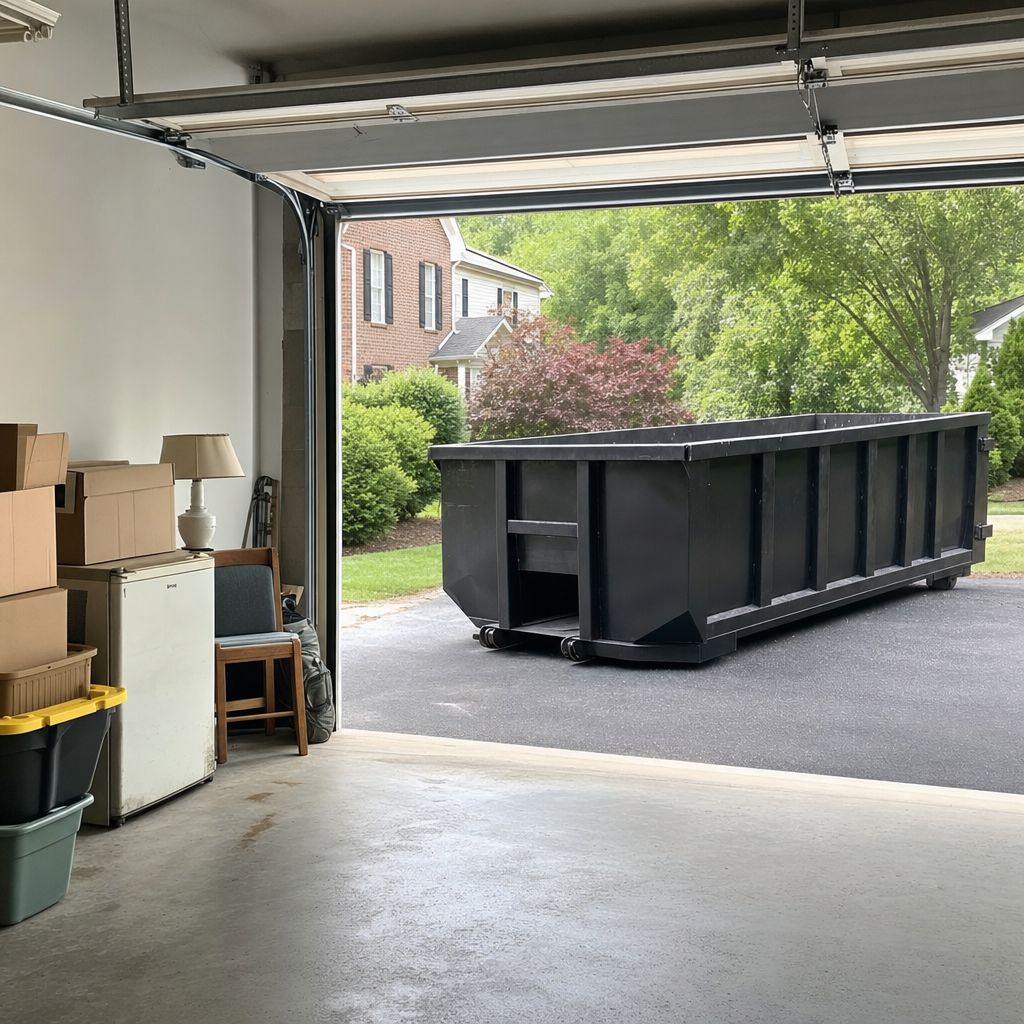 Open garage interior in a Westchester home mid-cleanout — boxed items, an old appliance, and stacked yard tools queued near the driveway for a matte-black roll-off dumpster, organized and calm