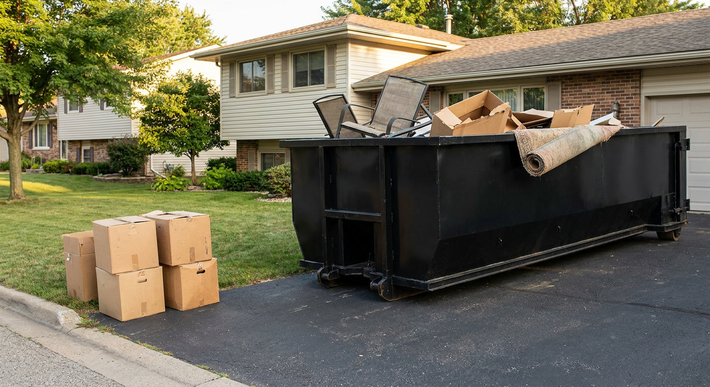 Front-yard view of a Westchester split-level home with a 20-yard matte-black roll-off dumpster sitting directly on the asphalt driveway, a few clearly labeled donation boxes staged at the curb, calm sunny afternoon.