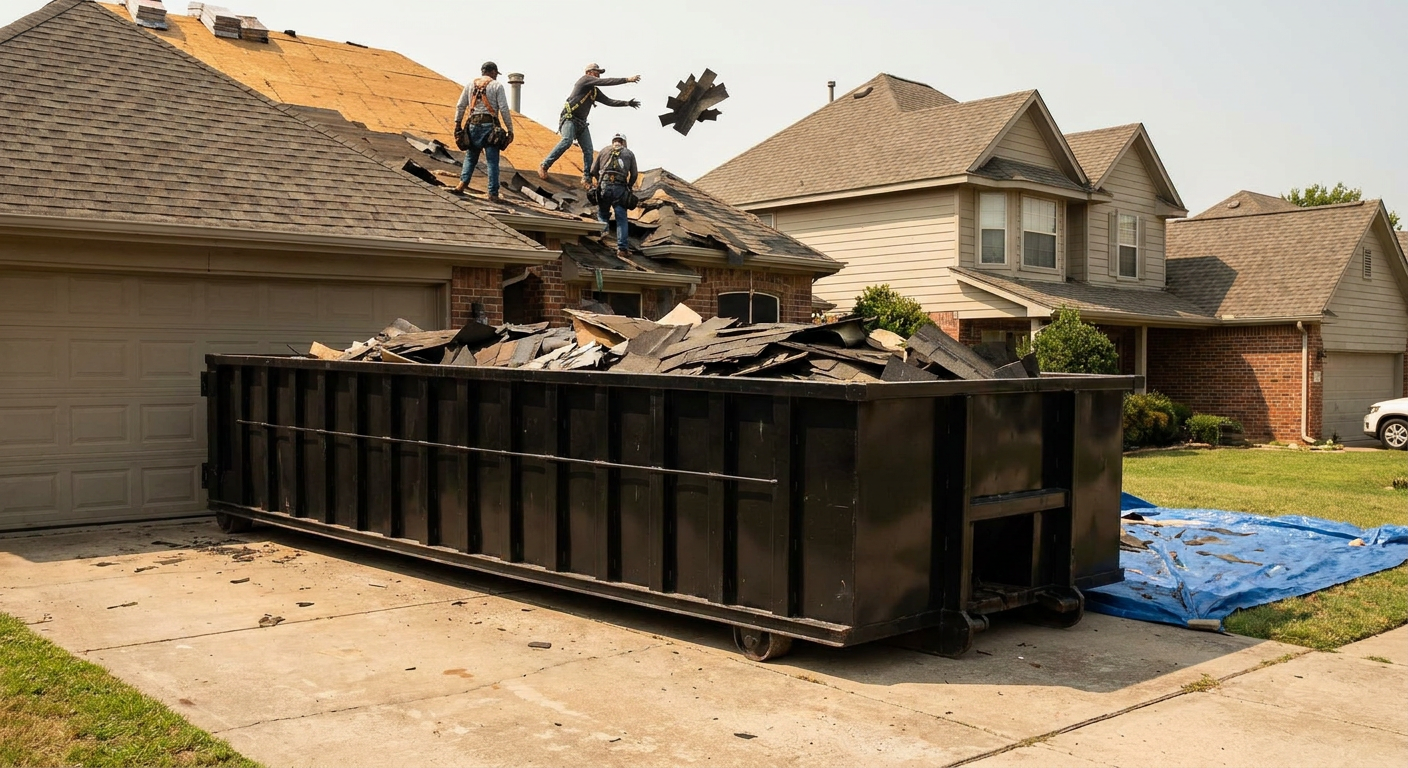 Matte-black roofing roll-off dumpster placed directly on a Westchester residential concrete driveway, a tear-off crew on a two-story asphalt-shingle roof tossing shingle bundles into the low-walled container, bright daylight, documentary 35mm perspective.
