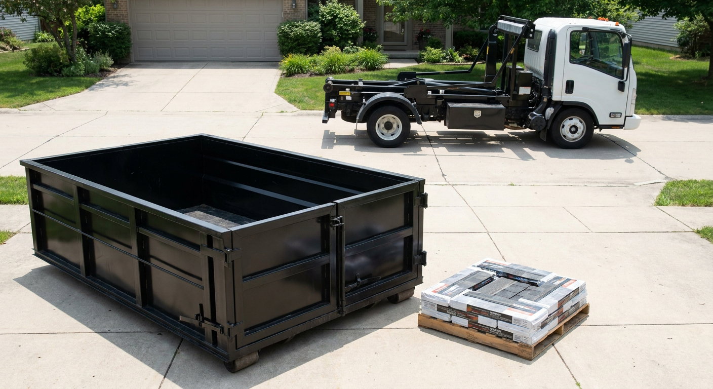 Matte-black 15-yard roofing roll-off dumpster with reinforced low side walls sitting directly on a Westchester residential concrete driveway, three-tab asphalt shingle bundles stacked nearby, an unmarked white hauler truck partially visible at the edge of the frame.