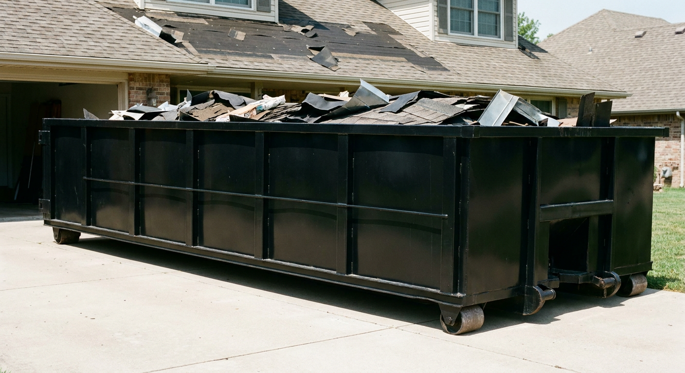 Matte-black 20-yard roofing roll-off dumpster with steel ribbed sides and swinging rear door, sitting directly on the concrete driveway of a two-story Westchester home, asphalt shingle debris being loaded over the low wall, clean documentary lighting.