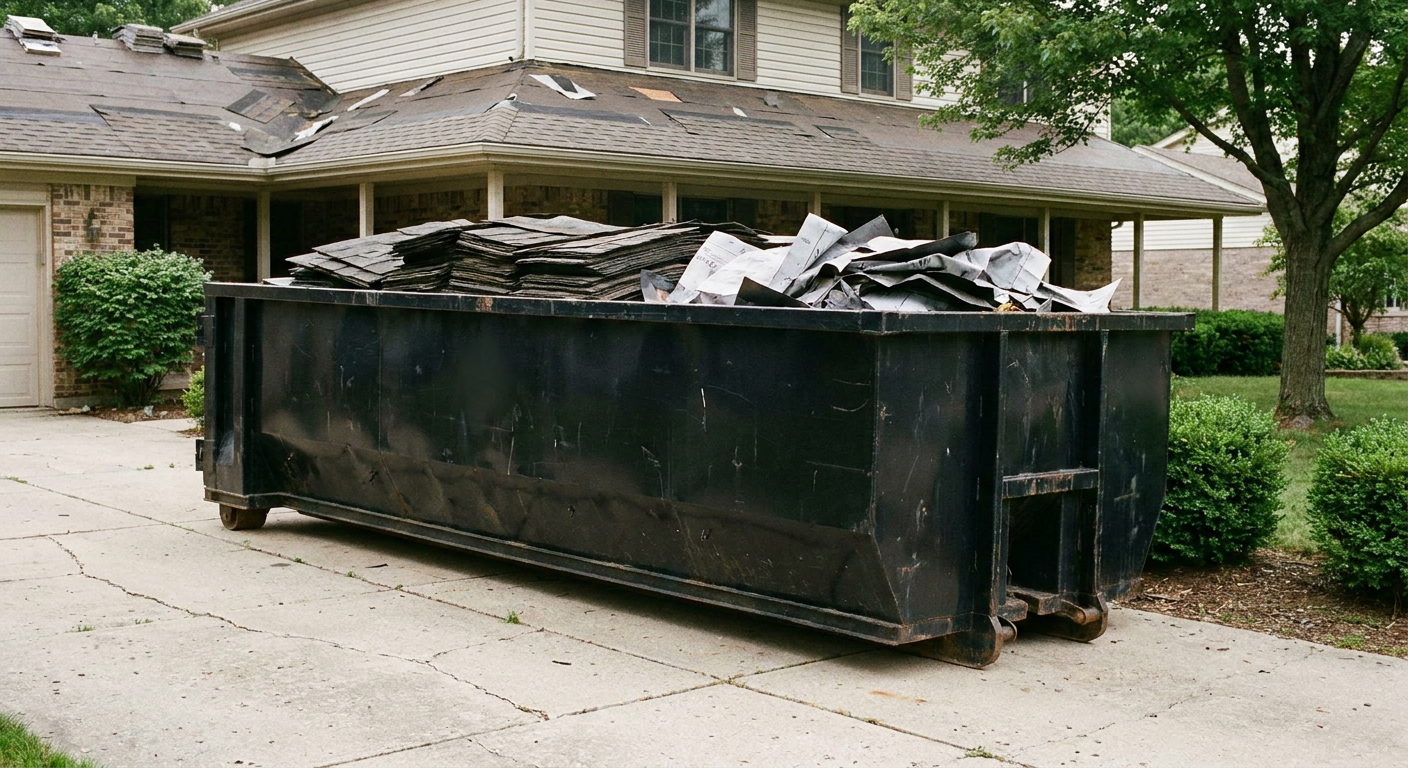 Matte-black 30-yard roofing roll-off dumpster sitting directly on a Westchester concrete driveway, taller ribbed steel side panels, mixed tear-off debris of asphalt shingles and underlayment inside, professional documentary daylight.