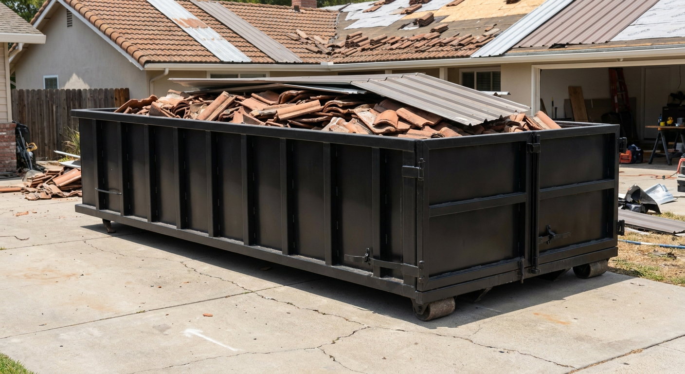 Matte-black low-wall heavy-debris roofing roll-off dumpster sitting directly on a Westchester concrete driveway, broken concrete clay roof tiles and metal panel sections loaded inside, reinforced ribbed steel side walls visible, bright outdoor daylight.