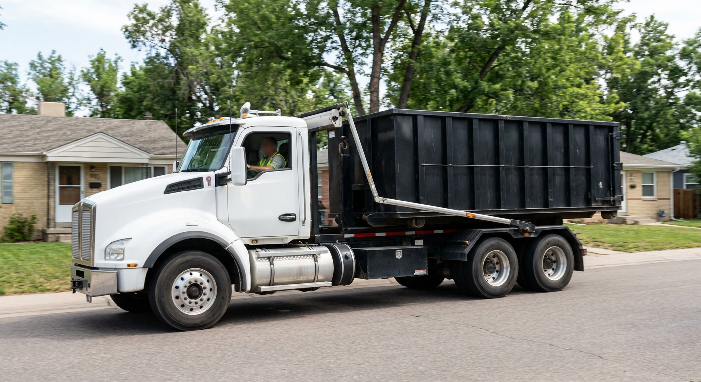 A wide documentary shot of a matte-black roll-off delivery truck pulling onto a quiet Westchester residential street at mid-morning, with neighborhood rooftops and tree-lined blocks visible behind, showing the metro coverage footprint.