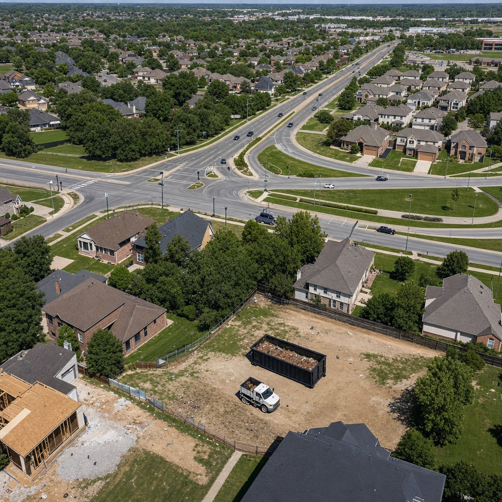 An overhead documentary view of the Westchester metro area at midday, showing the spread of neighborhoods, arterial roads, and the dispatch radius from a central yard — clean daylight, organized geographic layout.