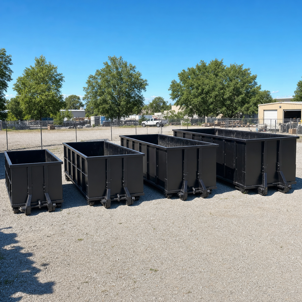 A clean lineup of matte-black roll-off dumpsters in 10, 20, 30, and 40-yard sizes staged on a sunlit gravel yard in Westchester, showing the size progression from compact to commercial-scale containers.