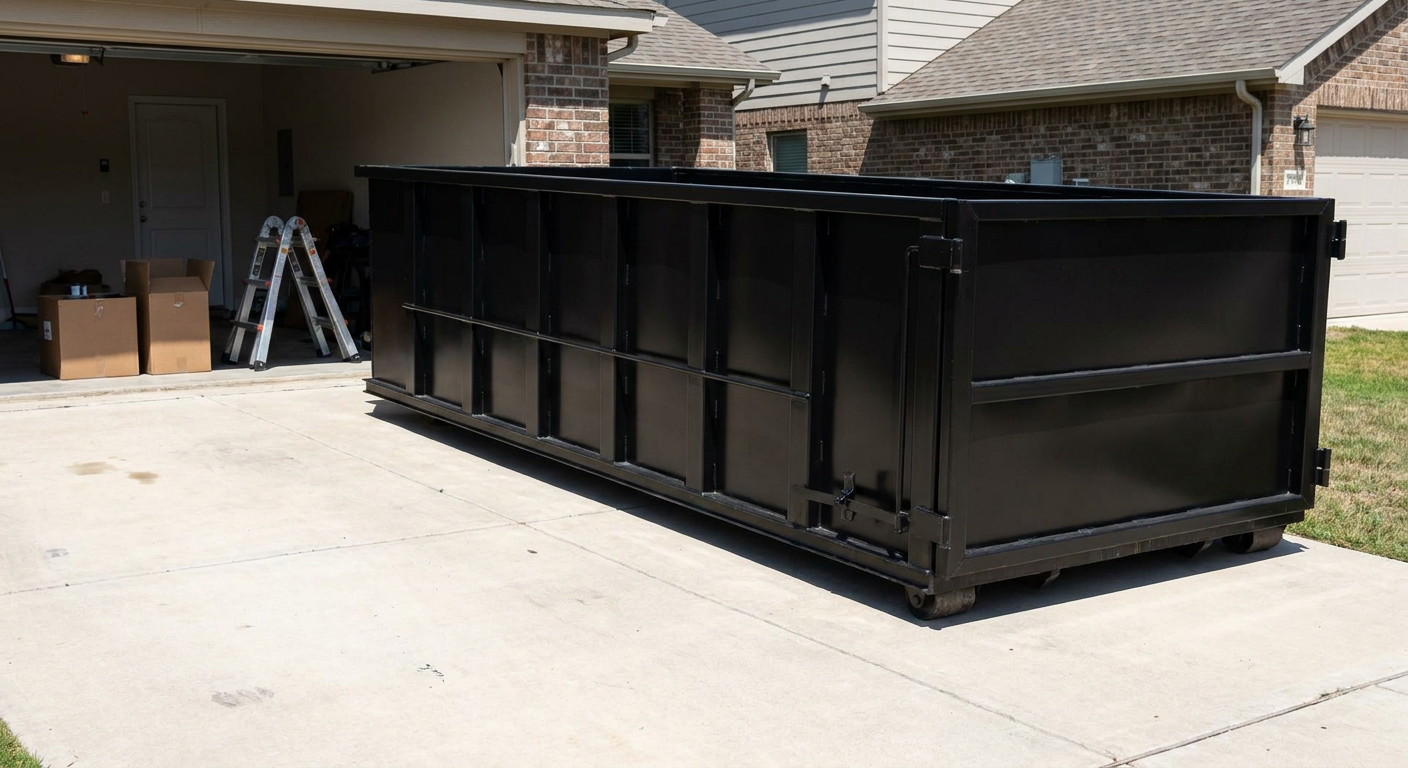 A matte-black 10-yard roll-off dumpster sitting directly on a residential Westchester concrete driveway, mid-day sunlight, clean and ready for a garage cleanout.