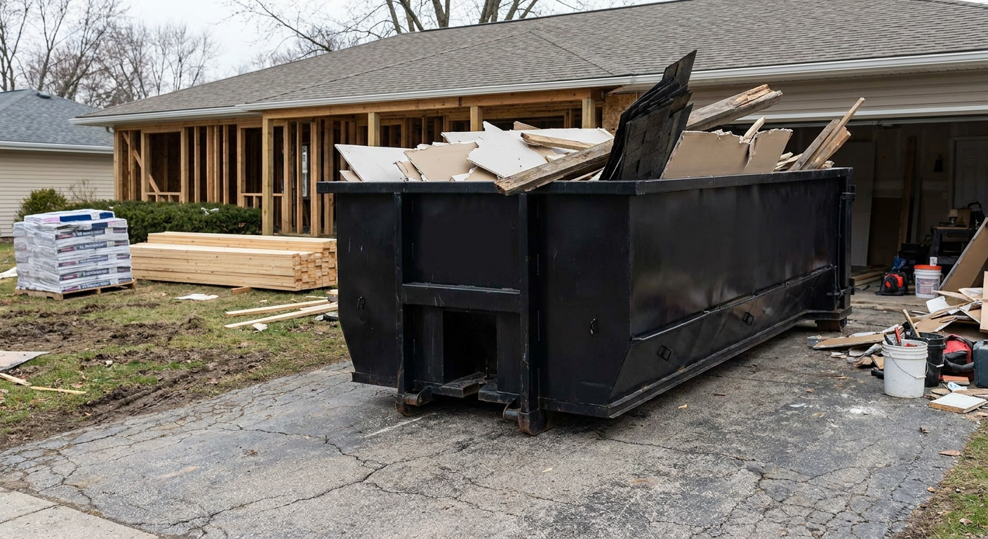 A matte-black 20-yard roll-off dumpster placed alongside a mid-renovation Westchester home directly on the asphalt driveway, with framing materials and torn-off shingles staged neatly nearby.