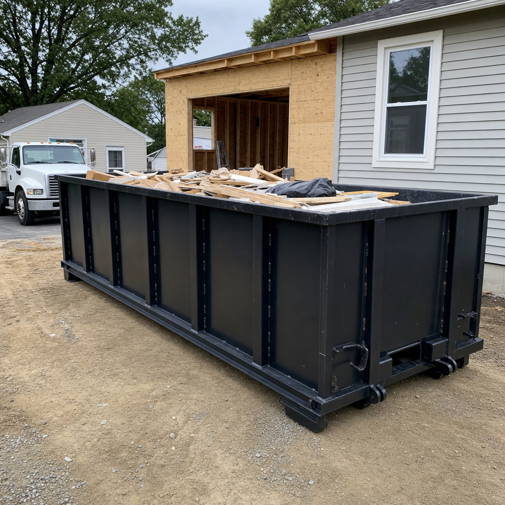 A matte-black 30-yard roll-off dumpster positioned at a Westchester residential addition jobsite, with framing lumber and drywall scraps loaded through the open swinging rear doors.