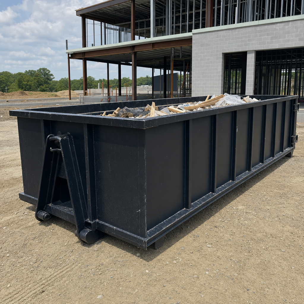 A matte-black 40-yard roll-off dumpster staged on a large Westchester commercial construction lot, with a hooklift delivery truck parked alongside under bright midday sky.