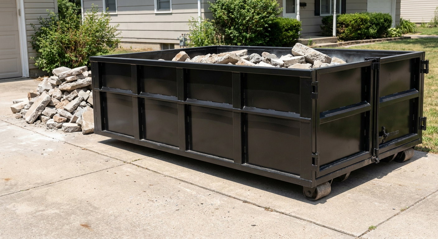 A matte-black low-side heavy-debris roll-off dumpster placed directly on a Westchester concrete driveway, with broken concrete chunks neatly stacked beside it under clean daylight.